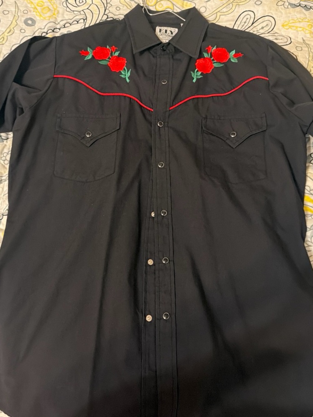 Ely Cattleman Black Western Shirt with Red Rose Embroidery